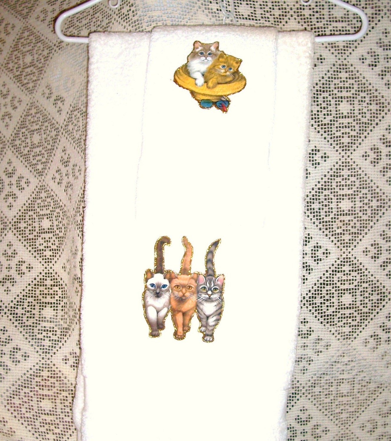 Trio of Beach Kitty Cats Bath Hand Towel Set 2 pieces OOAK