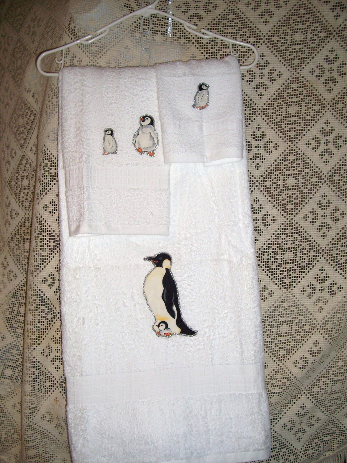 Trio of Penguins Bath Hand Wash Towel Set 3 pieces OOAK