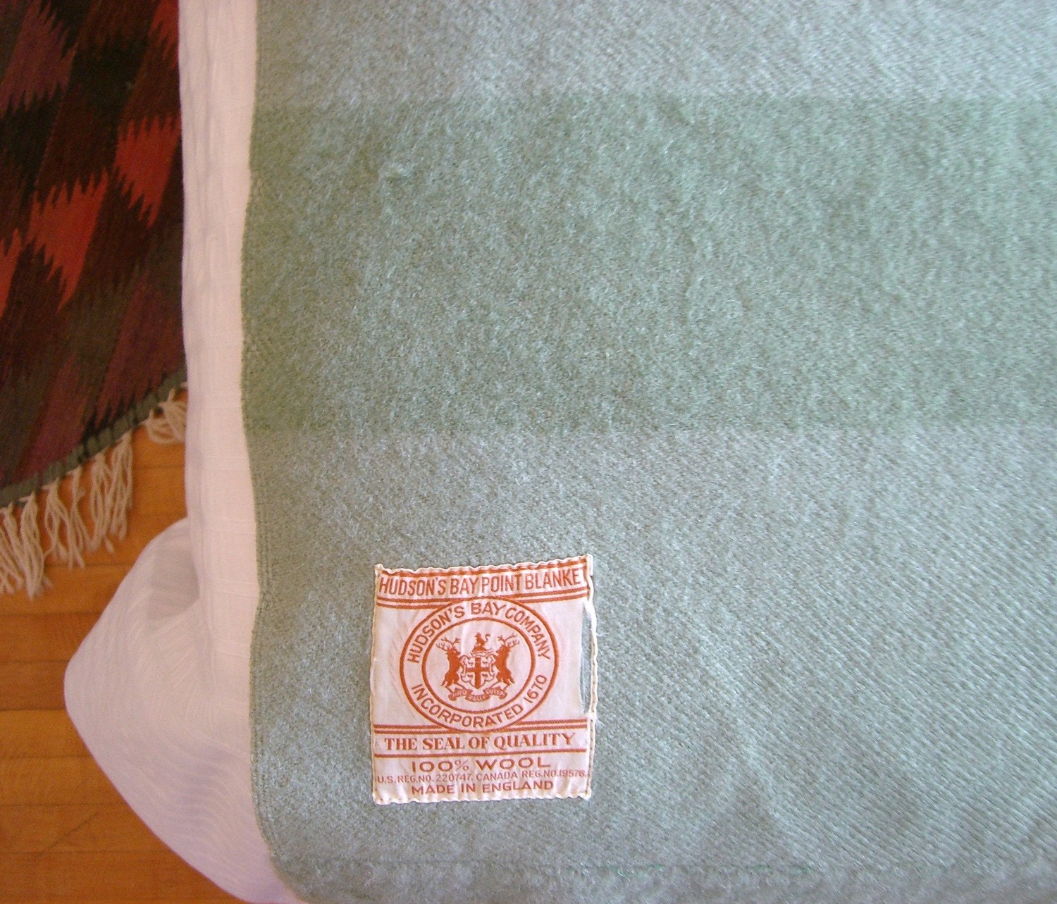 1930s Hudson Bay 4 Point Green Wool Blanket. Made by HelloVictory
