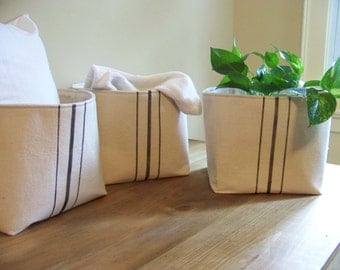 free shipping - set of three grainsack baskets - black stripe - vintage style - gift basket - storage basket - organization - burlap
