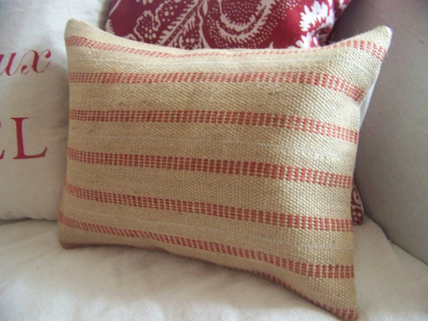 red jute pillow cover / red stripe / natural by JenniferHeleneHome
