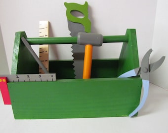 Wooden Childs Tool Box~Minature~Wooden Toy~Pretend Play~Photo Prop~Children's Wooden Green Tools Box with Tools~Gift~Birthday~Boy~Girl~Toy