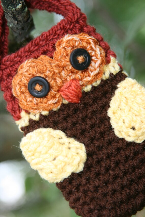 Cell phone case cozy Crochet Owl in autumn theme colors rust