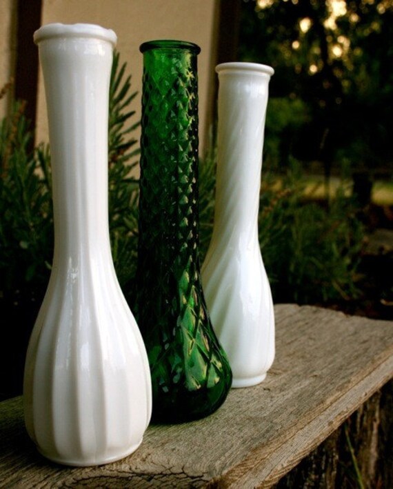 Vintage Vases milk glass and green glass set of three one