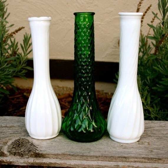 Vintage Vases milk glass and green glass set of three one
