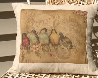 French Cottage Rainbow of French Birds Postcard Pillow Cushion, Cottage Style Bird Throw Pillow and Insert