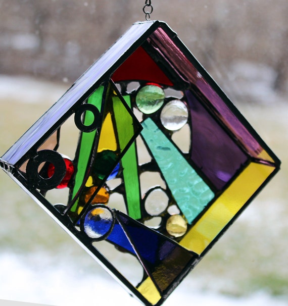 Original 3D freehanging Stained Glass Art Color Me Square