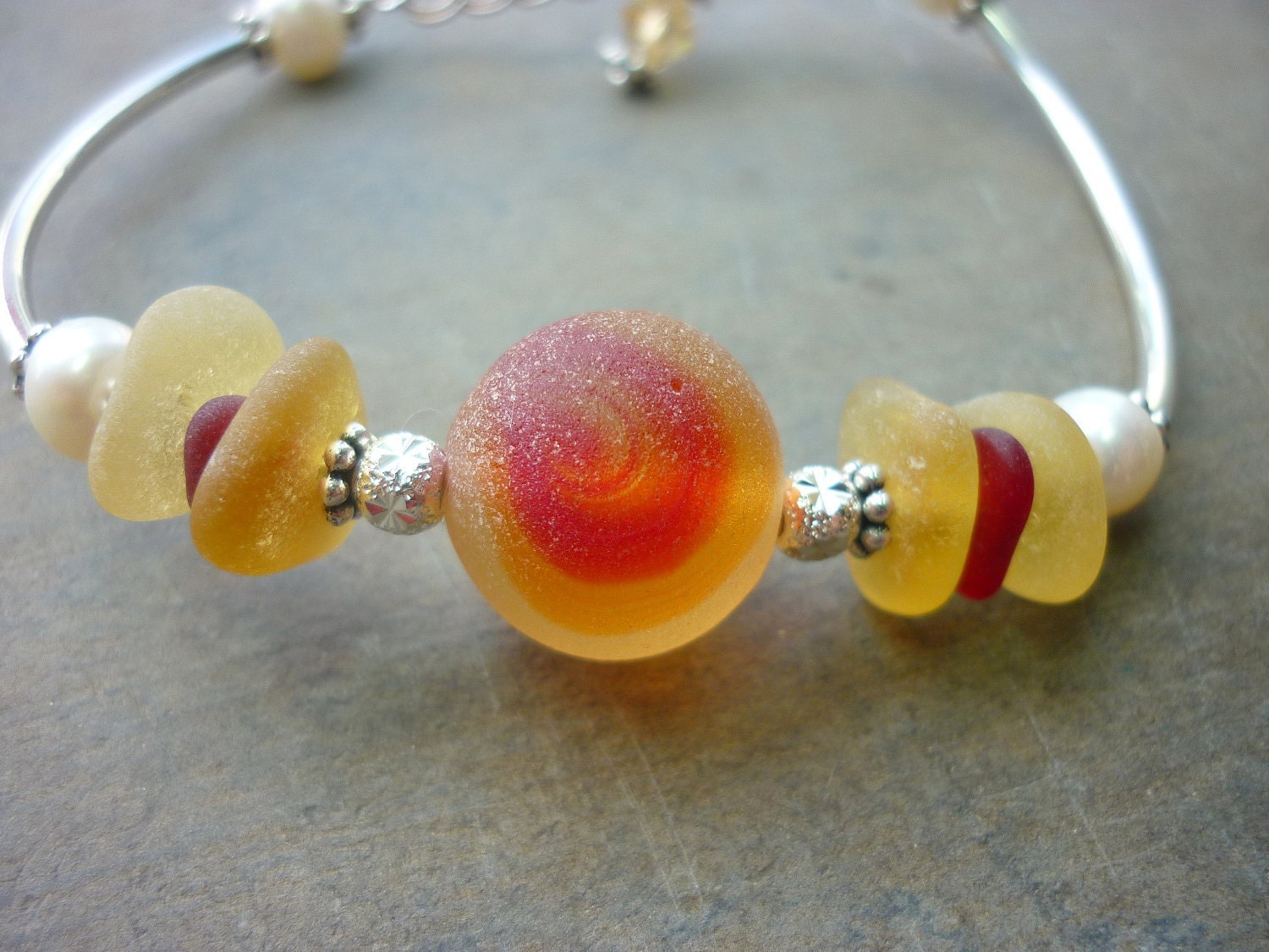 Sea Glass Bracelet Rare Red Yellow Marble Beach Seaglass