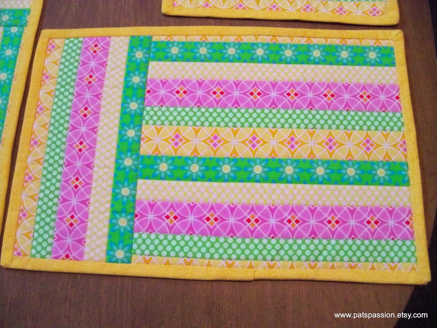 Striped Quilted Placemats Pink Green Yellow Set of 4