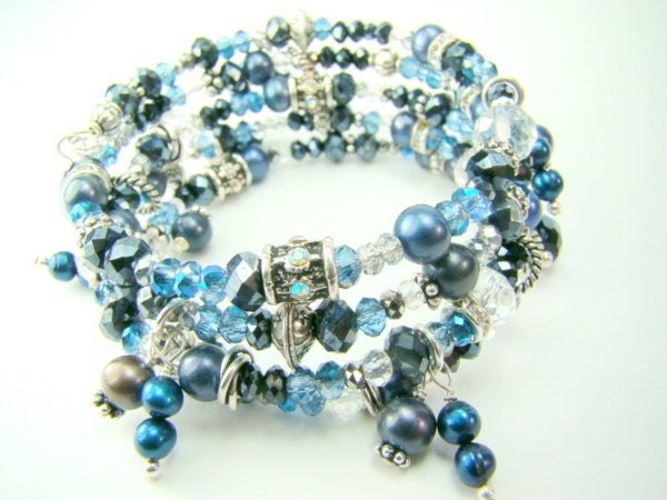 Blue wrap bracelet bangle bracelet denim blue pearl crystal