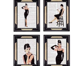 AUDREY HEPBURN 4 art prints set Breakfast at Tiffanys actor actress retro movie cinema on vintage dictionary book page wall decor poster 5x7