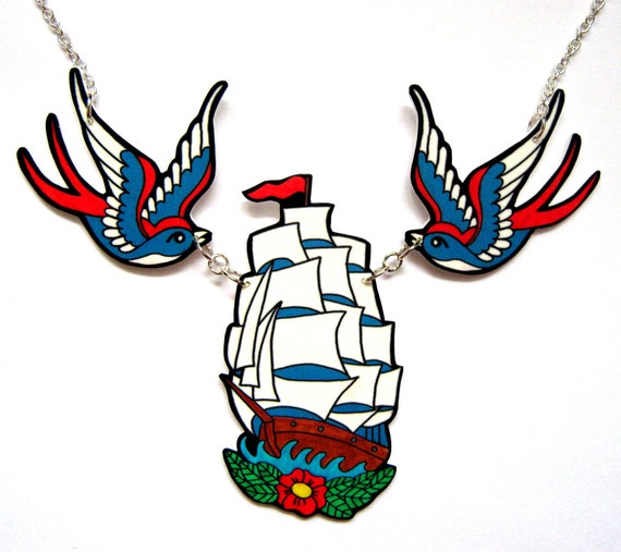 tattoo necklace swallow and ship old flash style tattoo necklace swallow and ship old flash style