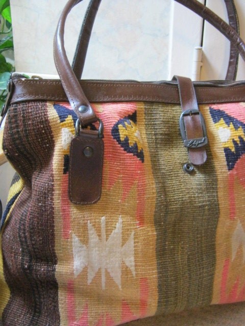 Large wool woven Southwest design leather trim tote bag made