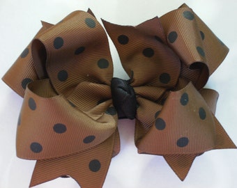 Big Boutique Doubled Layered Hair Bow Clip------Milk Chocolate Brown with Black Dots
