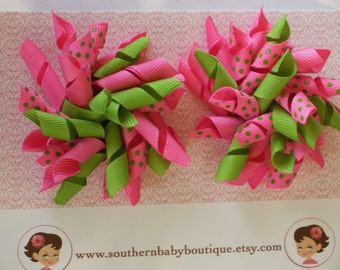 2 Boutique KORKER Hair Bows-----LIME Green with HOT Pink Dots-----