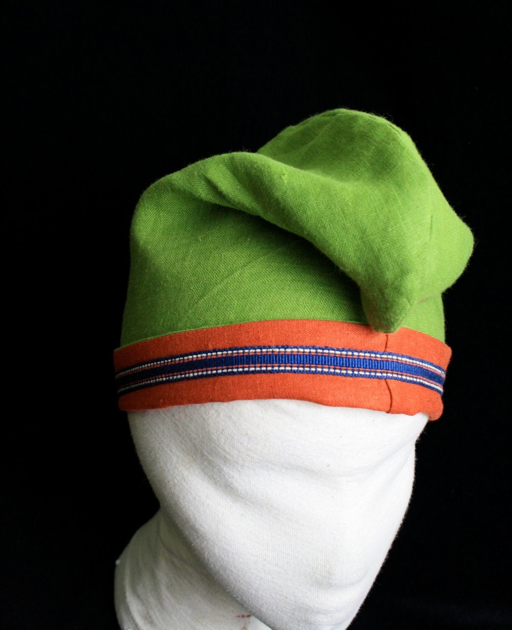 Phrygian Cap in Lime Green Rust and dark blue Linen fully