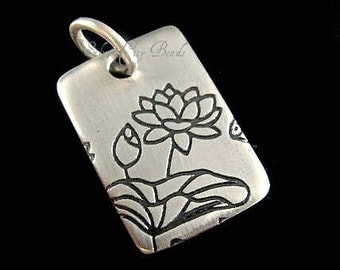 Sterling Silver Lotus Charm, SALE- Sterling Silver Lotus Print on Rectangle Charm-18 x 12mm