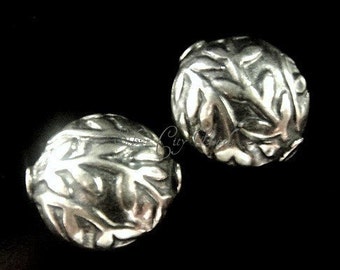 Bali Silver Beads, Sterling Silver Textured Leaf Bead, Oxidized- 10 x 10 x 7 mm - 2 pc