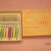 Vintage appetizer fork Set of 11 marked Stainless Foreign with multi color handles SALE