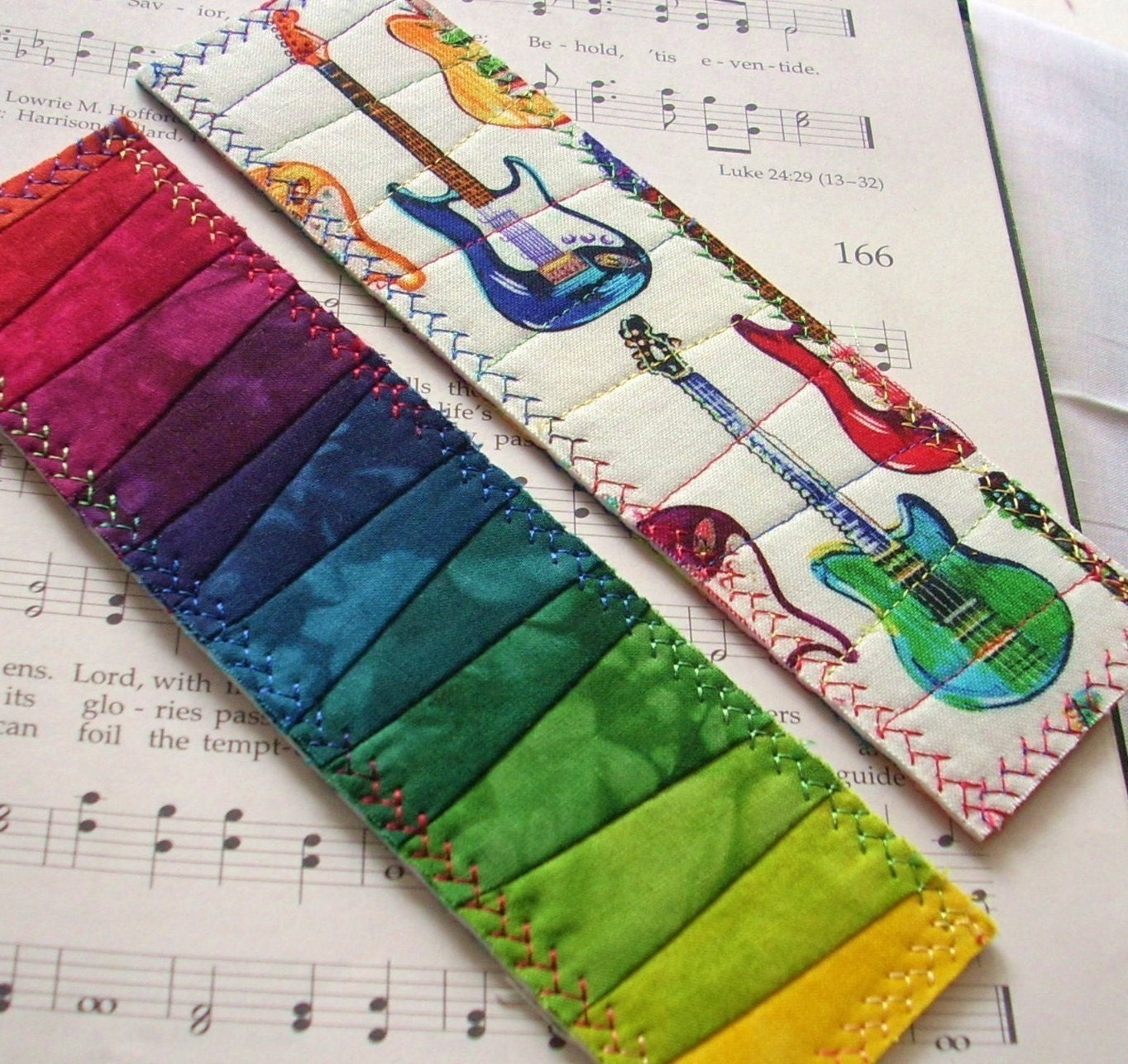 Hand Dyed Fabric Bookmark GUITAR STRINGS Pieced and Quilted