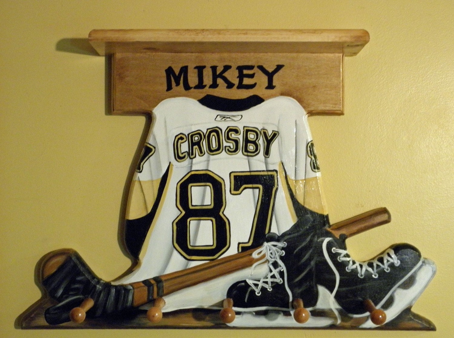 Custom HOCKEY JERSEY Wall Hanging with Shelf and 5 Pegs