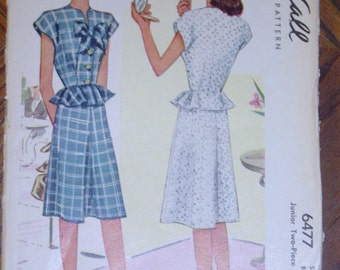 Juniors Two Piece Dress McCall 6477 1940s Size 15