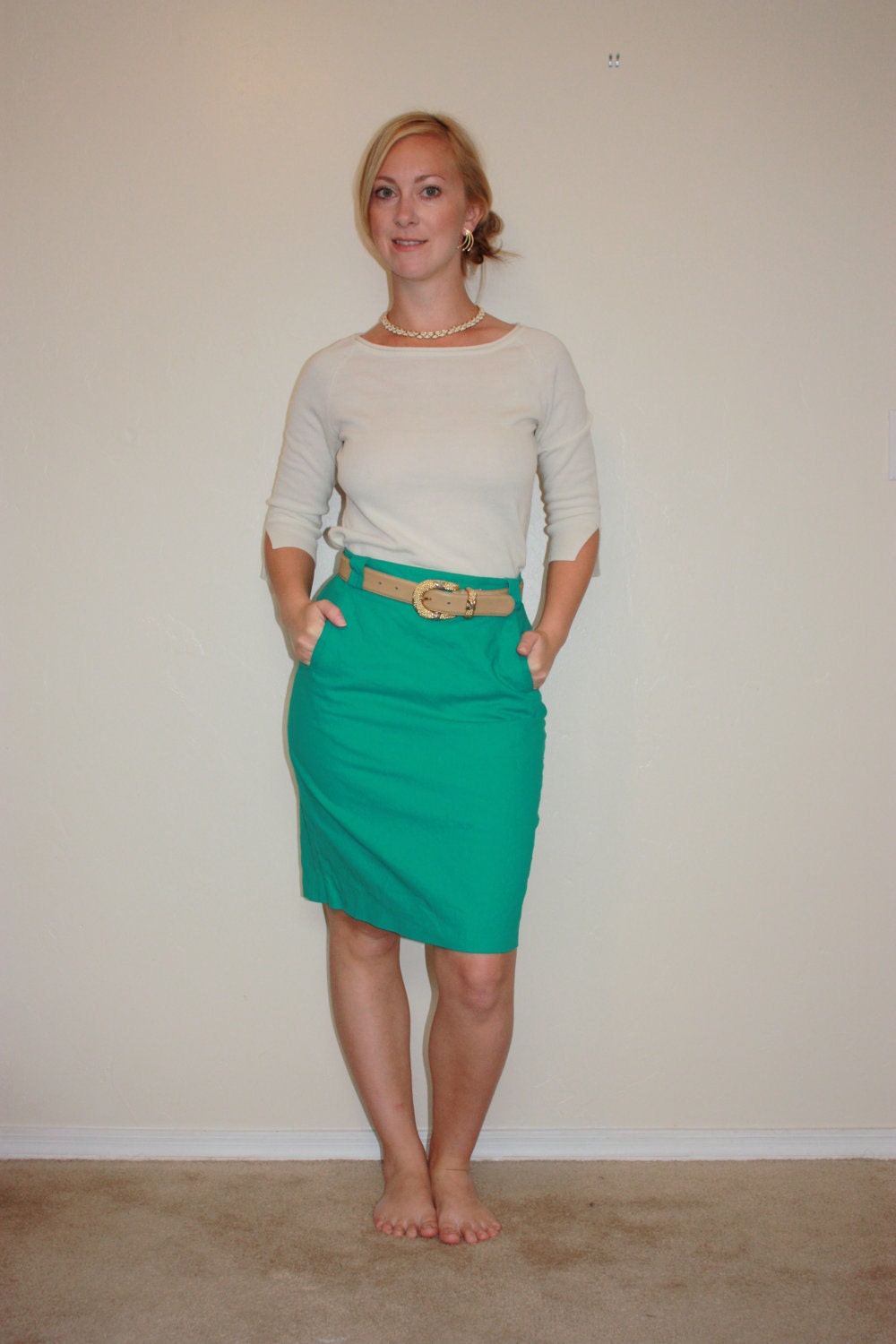 Kelly Green Pencil Skirt with Pockets