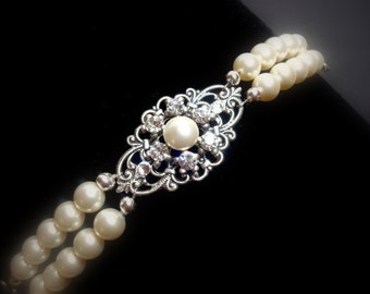 Bridal bracelet, pearl bracelet, vintage style bracelet, cuff bracelet, Swarovski pearls and crystals, wedding jewelry