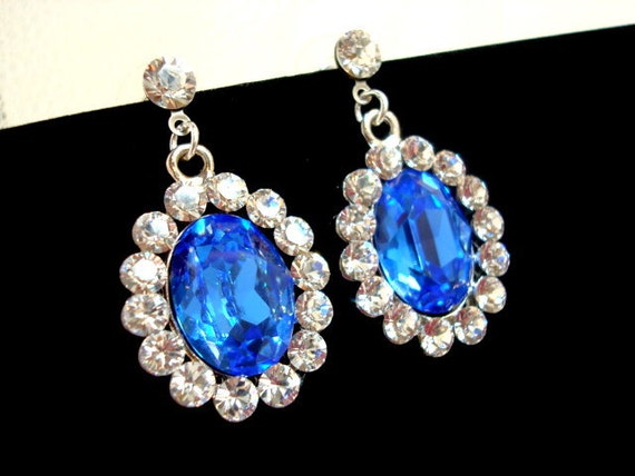 Bridal earrings Swarovski crystal earrings Sapphire blue