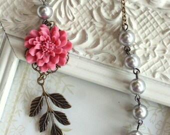 Rose Pink Chrysanthemum Dahlia Flower Necklace. Brass Leaf, Silver Grey Pearls. Antiqued Brass Necklace. Bridesmaids Gift. Country Wedding