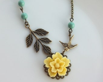 A Yellow Sakura Flower, Flying Swallow Bird, Leaf Branch with Green Pearls Necklace. Bridesmaids Gift Ideas. Maid of Honor. For Sister.