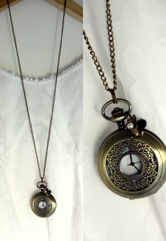 A Rabbits Large Pocket Watch Vintage Style Brass Necklace