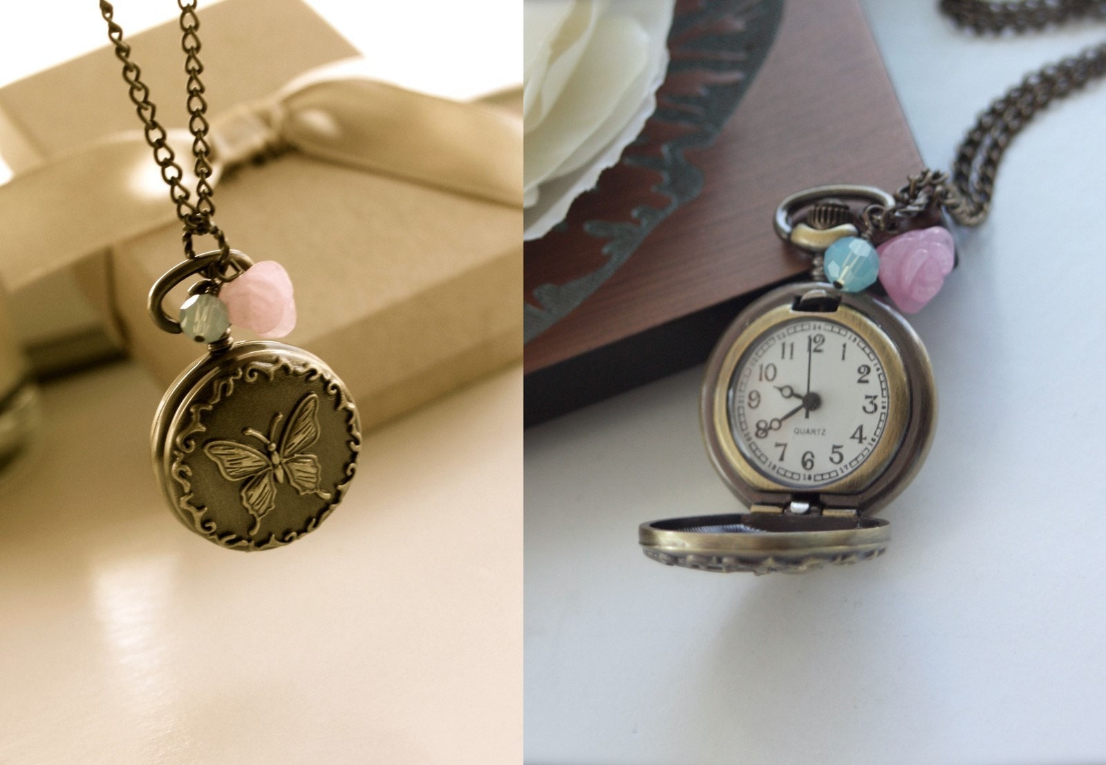 A Sweet Butterfly Pocket  Watch  Necklace Unique Feminine 