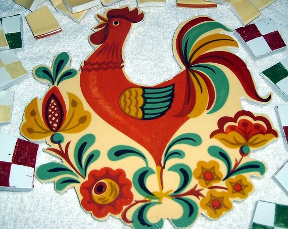 Retro RED ROOSTER Mosaic Tile Set Large ART DECO Rooster