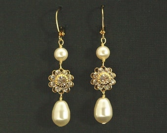 earrings pearl gold rhinestone bridal jewelry teardrop dangle