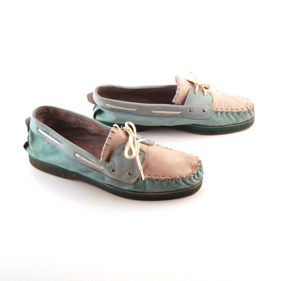 Zodiac Boat Shoes Vintage 1980s Mens Teal and Off White