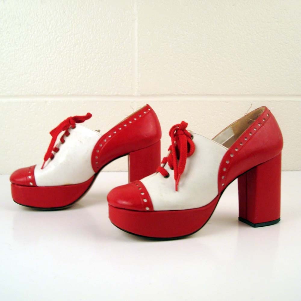 Vintage 1970s Platform Shoes Made by Qualicraft Red and White