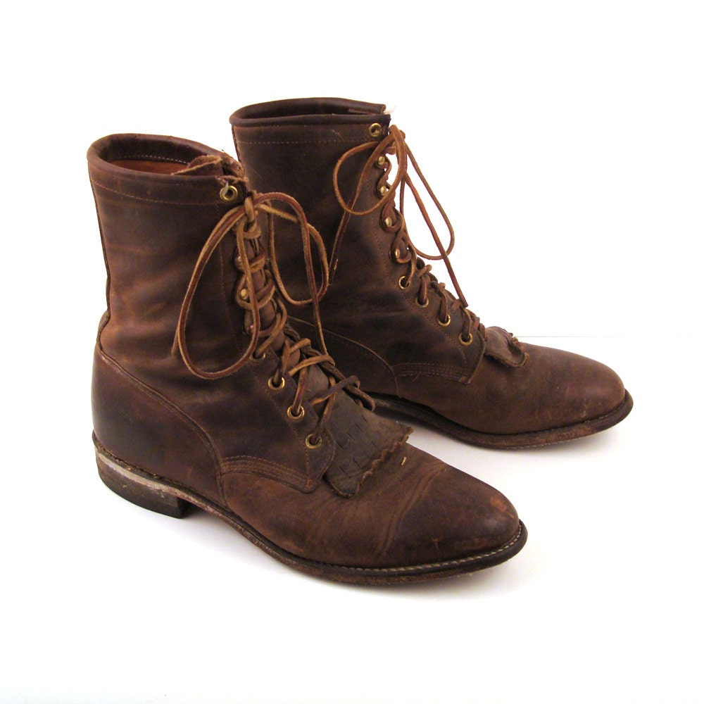 Roper Boots Brown Lacers Lace Up Justin Vintage 1990s Justin