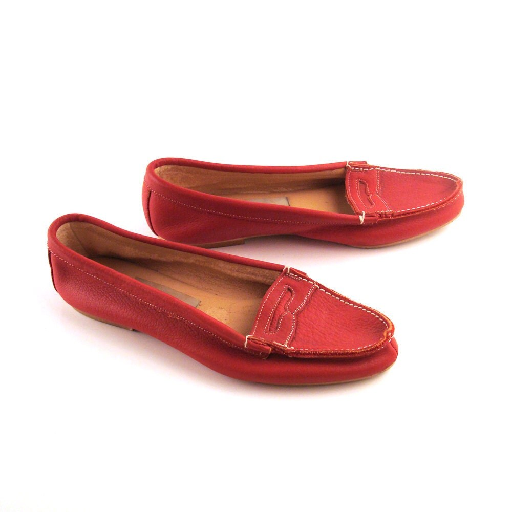 Red Leather Penny Loafers Vintage 1980s Women's 8