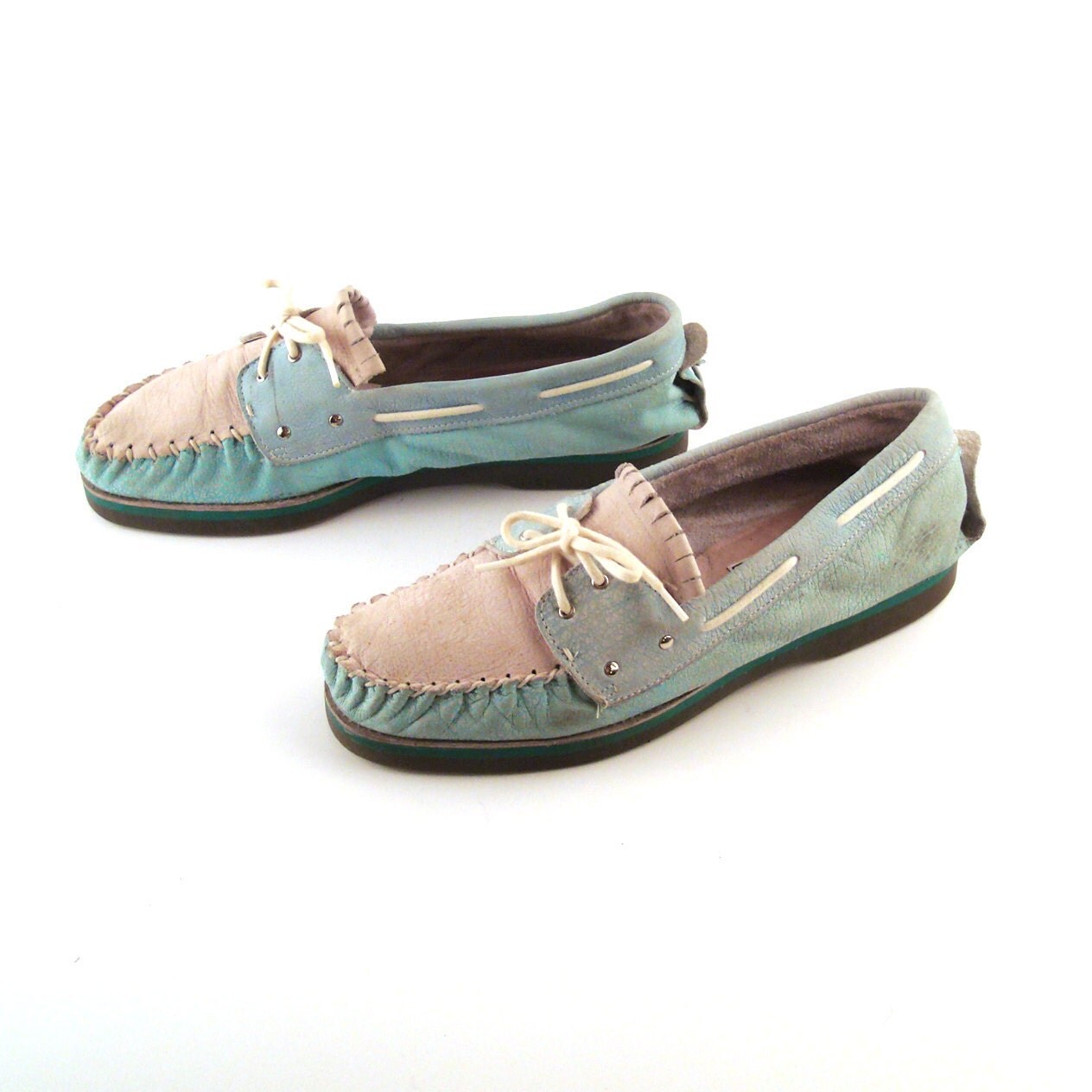 Zodiac Boat Shoes Vintage 1980s Mens Teal and Off White