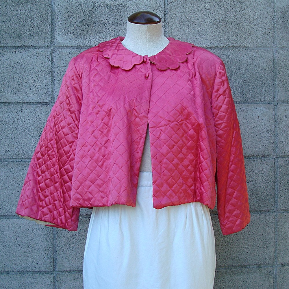 Vintage 1940s Satin Quilted Bed Jacket Magenta Pink