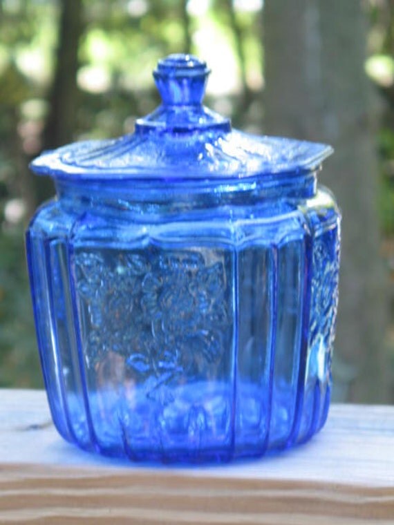 Mayfair Open Rose cobalt blue Cookie Jar Anchor Hocking