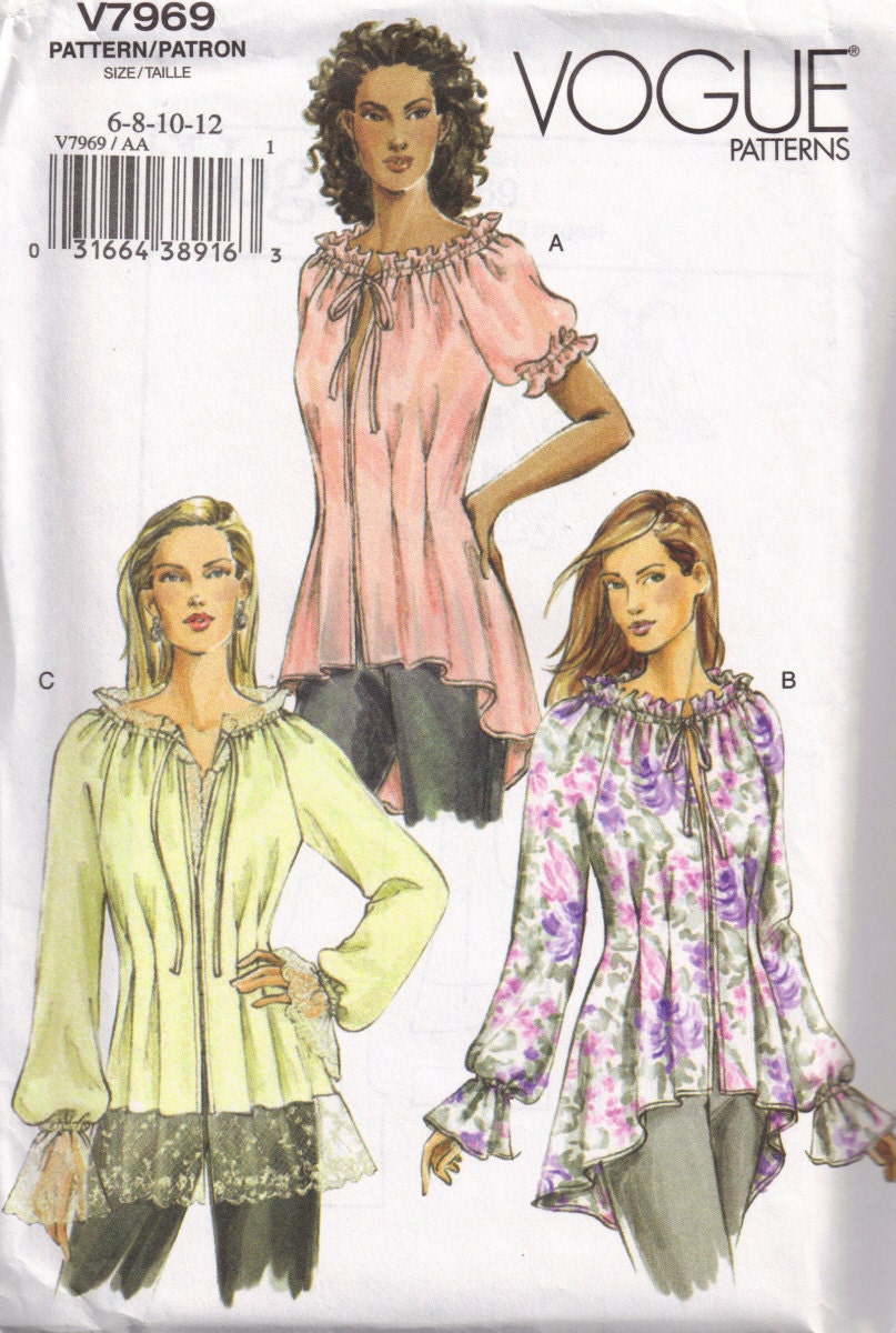 Vogue 7969 Tunic Blouse  Boho  Peasant Top Sewing Pattern  Size