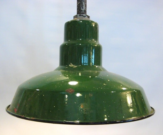 Antique Green Enamel Metal Hanging Light Fixture by Barneche