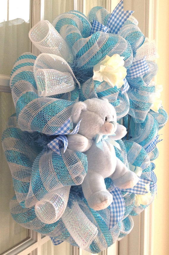 Deco Mesh Baby Boy Wreath Blue White Baby by SouthernCharmWreaths