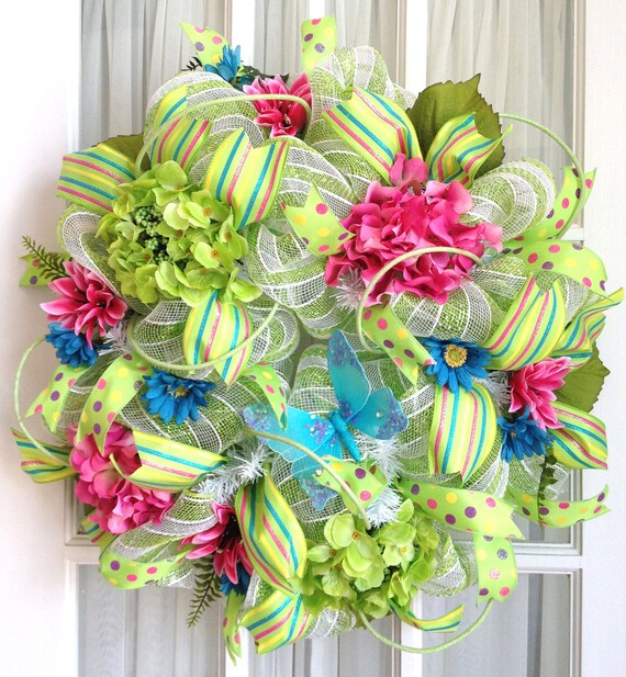 Deco Mesh Door Wreath Lime Hot Pink Turquoise Summer Wreath