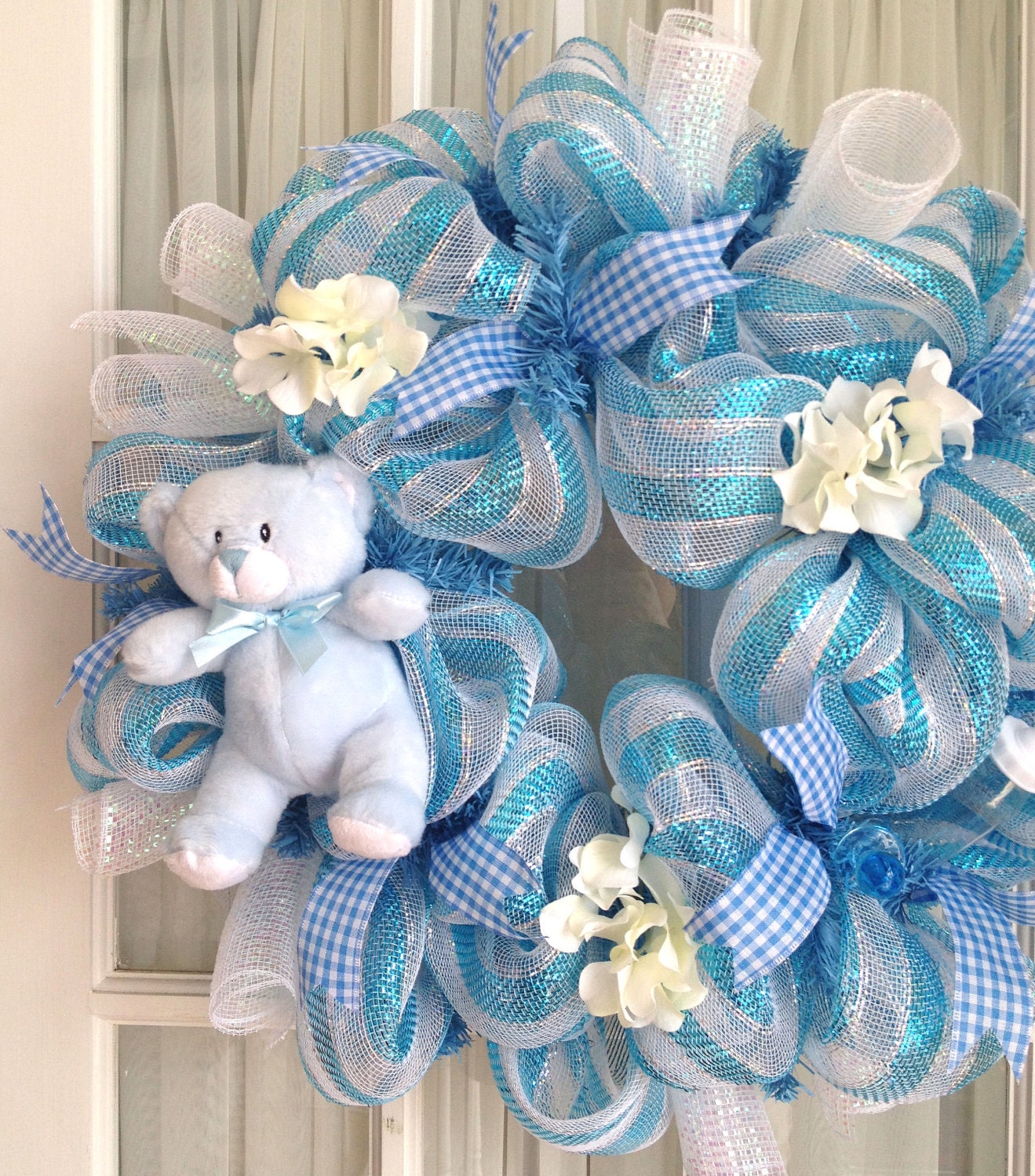 Deco Mesh Baby Boy Wreath Blue White Baby by SouthernCharmWreaths