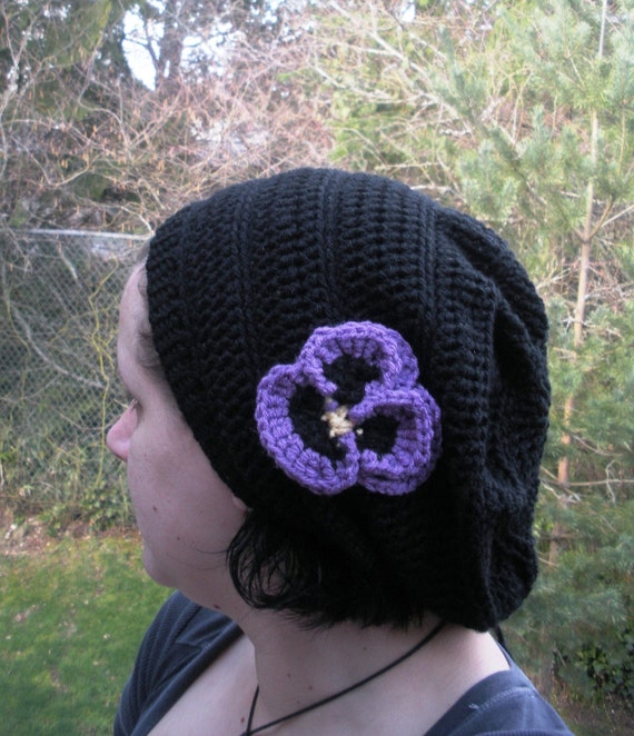 Solid black crochet slouchy tam with hand crochet Pansy by luvbuzz