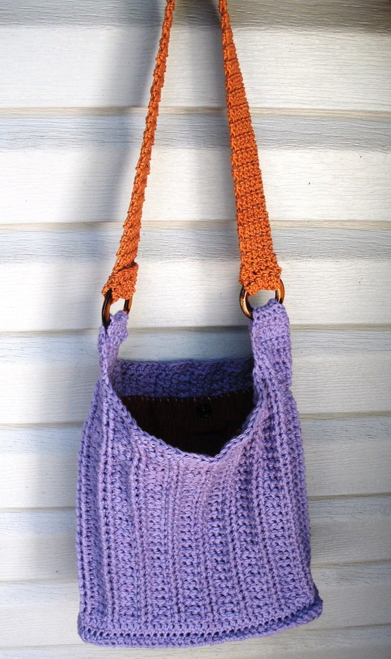 Lavender Cotton Crochet Shoulder Purse with rust lining ready