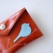 Leather Keychain Wallet - Rustic - Blue Bird on Branch over Deep Sunset Orange